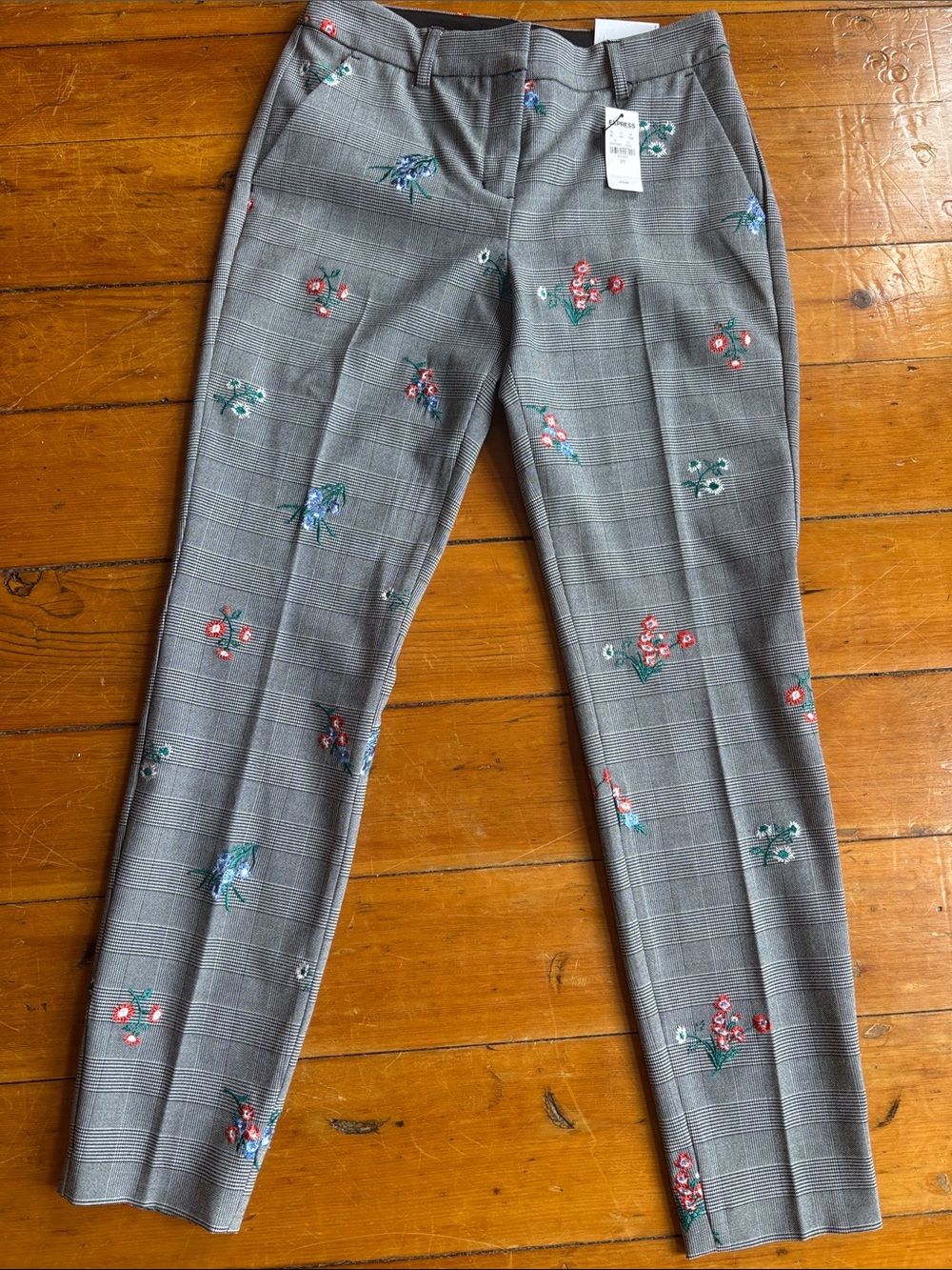 Express Columnist Plaid Floral Embroidered Skinny Dress Pants